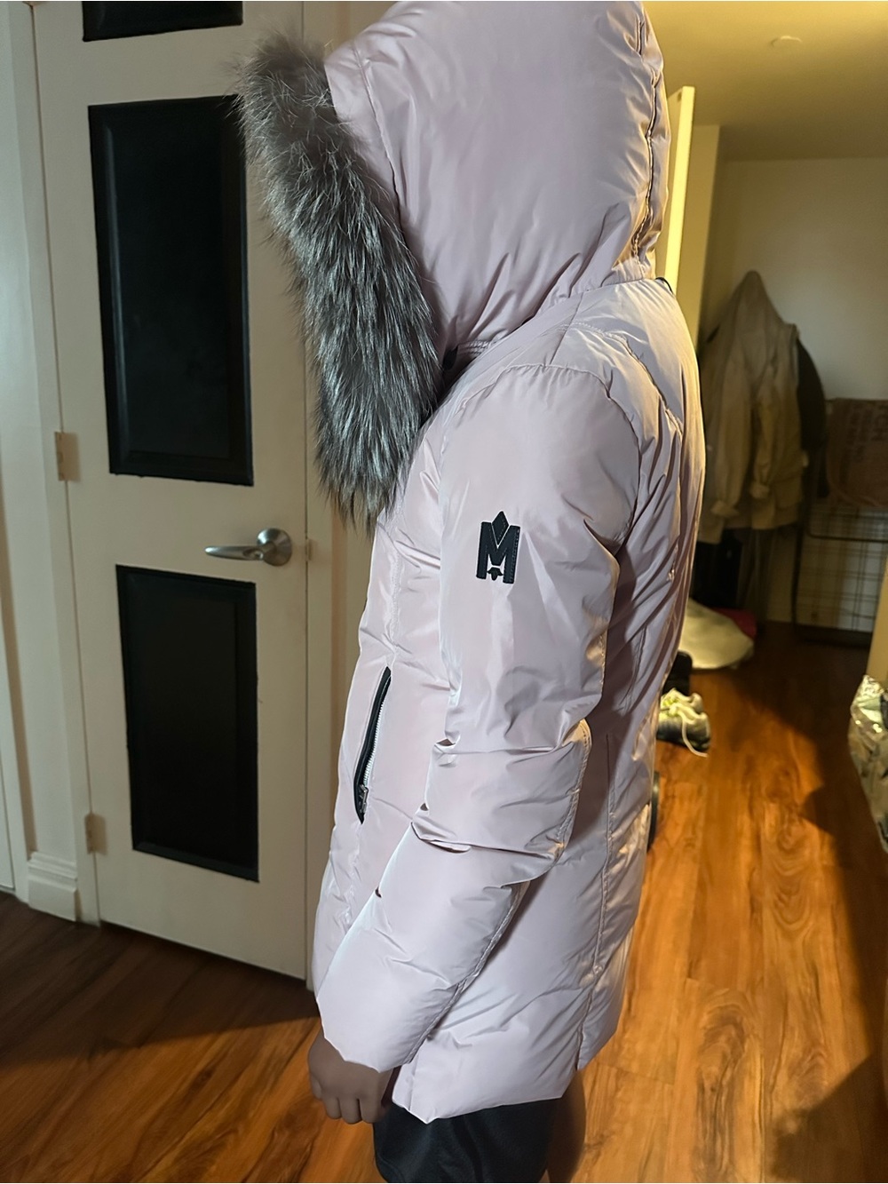 Mackage Girls Blush Pink Puffer Coat with Faux Fur Trim